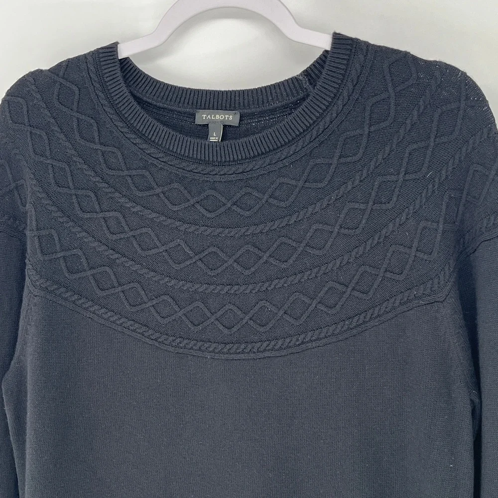 Talbots Black Cotton Cashmere Blend Cable Knit Yoke Crewneck Sweater Womens L